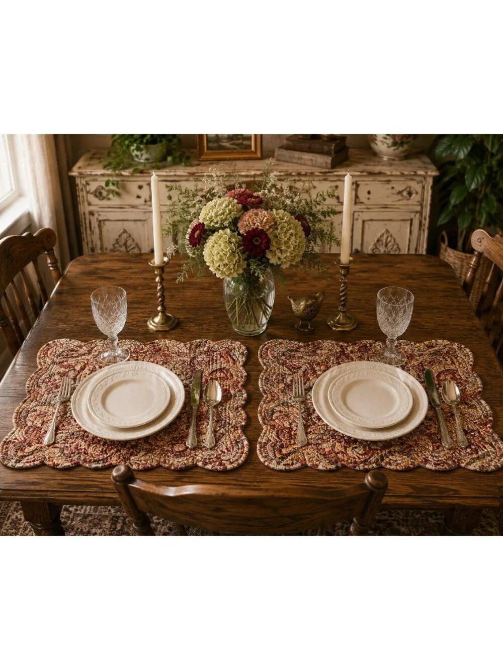 2 Vintage Reversible Quilted Placemats Paisley Floral Table Mats Scalloped Edge